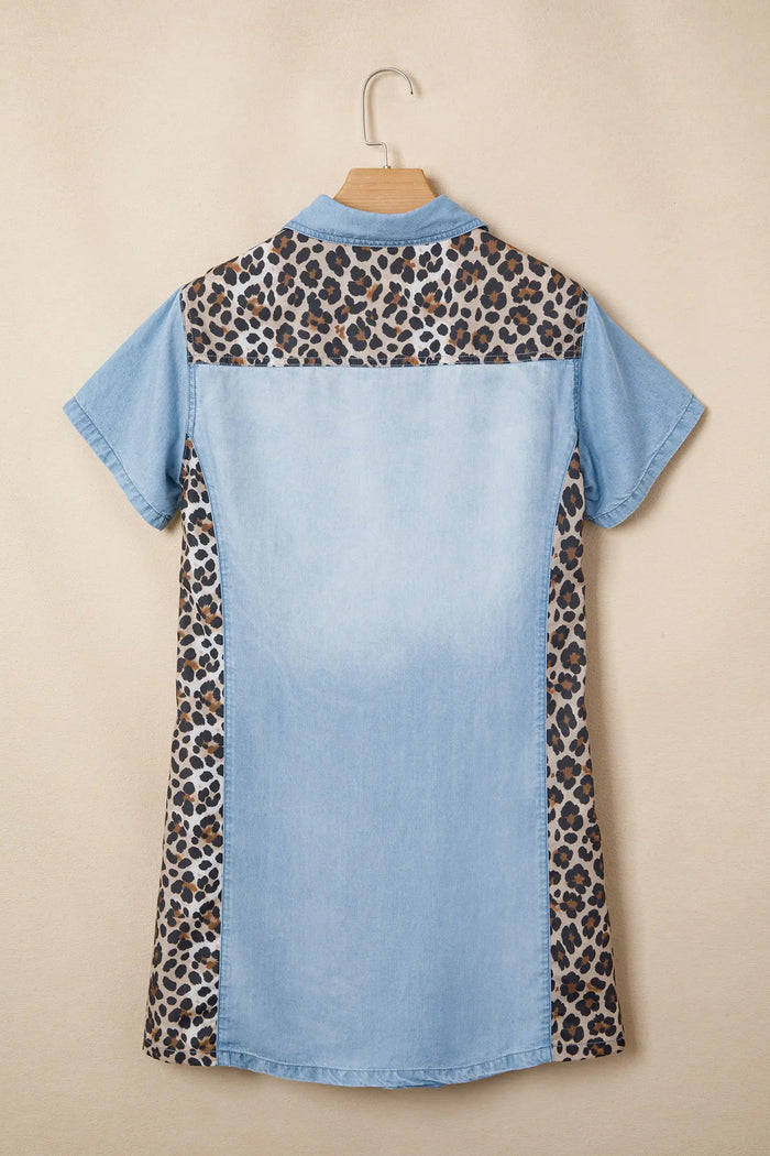 Denim Leopard Patchwork Shirt Collar Mini Dress – Blue