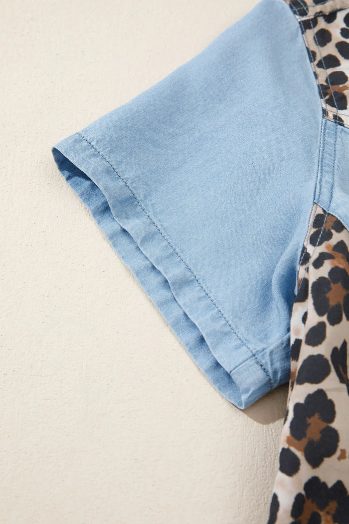 Denim Leopard Patchwork Shirt Collar Mini Dress – Blue