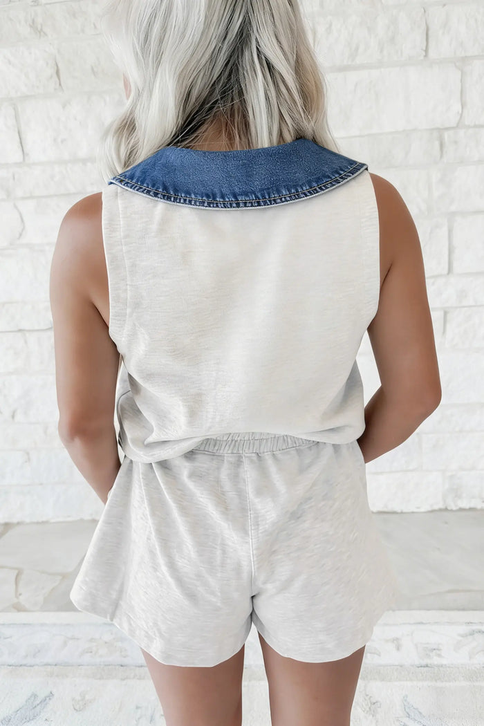 Denim Patchwork Polo Collar Elastic Waist Sleeveless Romper – Light Grey