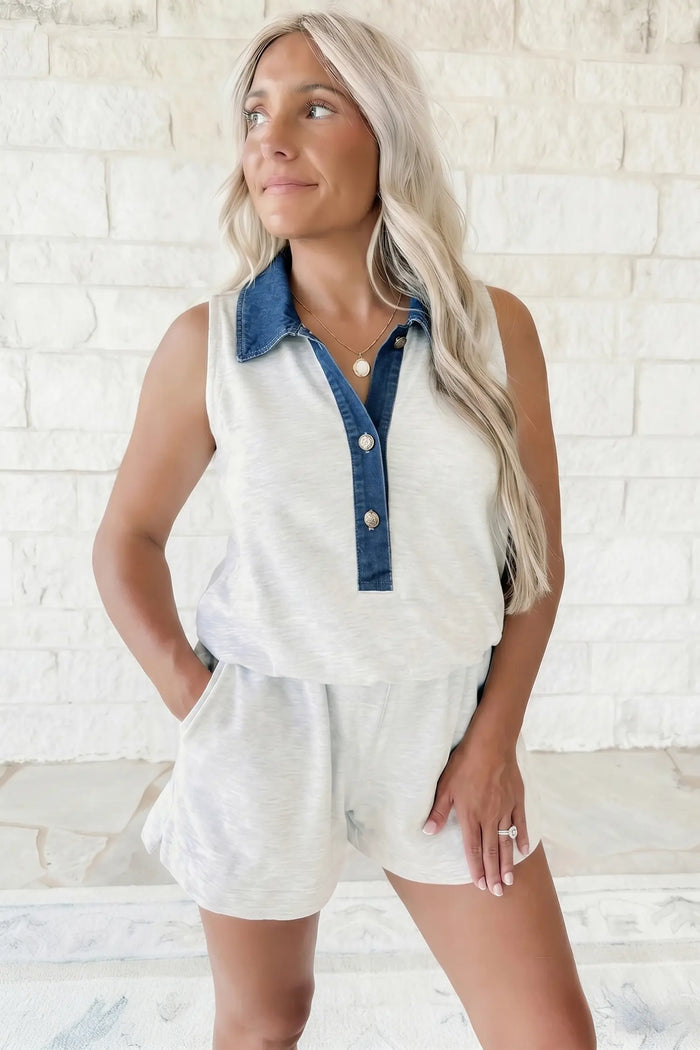 Denim Patchwork Polo Collar Elastic Waist Sleeveless Romper – Light Grey