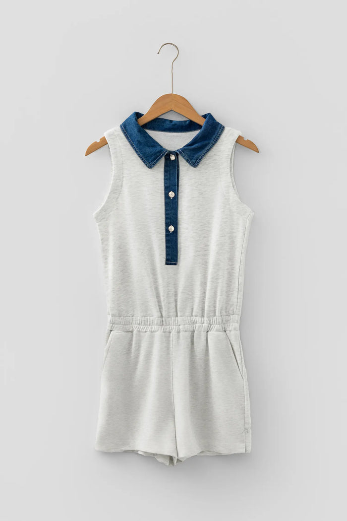 Denim Patchwork Polo Collar Elastic Waist Sleeveless Romper – Light Grey