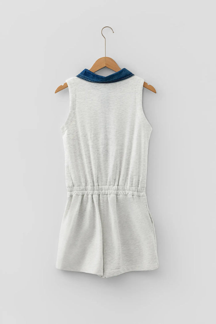 Denim Patchwork Polo Collar Elastic Waist Sleeveless Romper – Light Grey