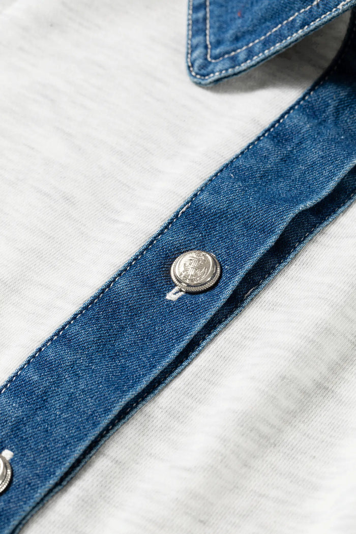 Denim Patchwork Polo Collar Elastic Waist Sleeveless Romper – Light Grey