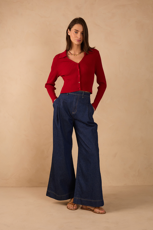 Denim Pleats Pockets Flare Pants_1