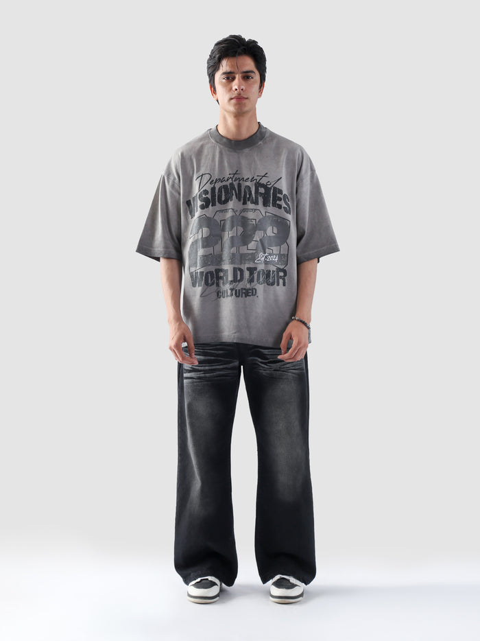 Dept of Visionaries oil fade oversized tee male model full body front view Pakistan – GROOVY