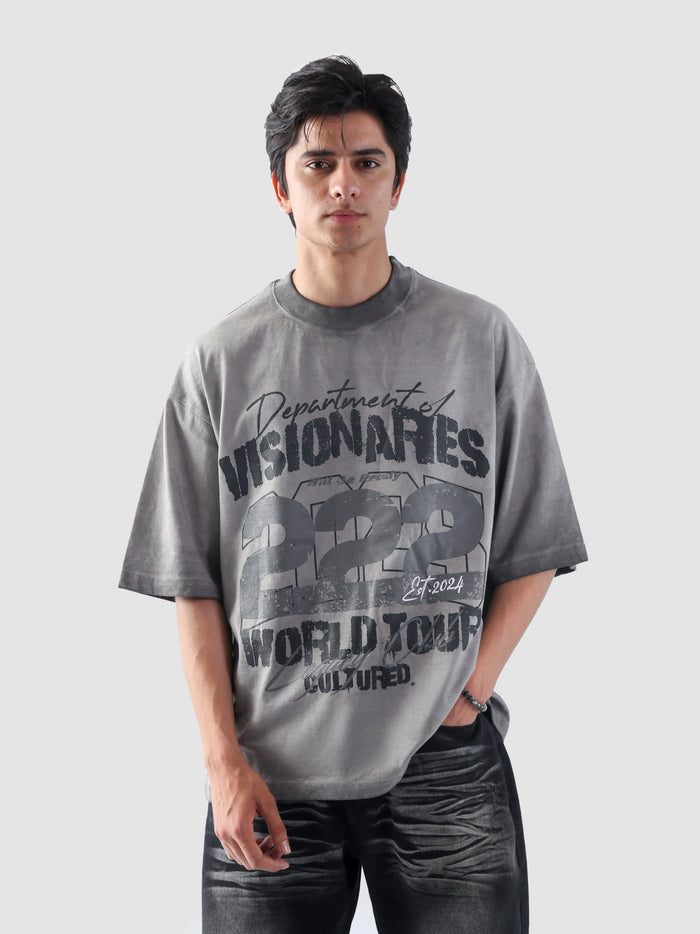 Dept of Visionaries tee female model front view oil fade oversized Pakistan – GROOVY