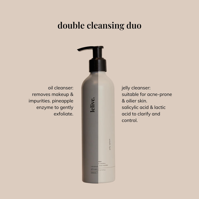 Double cleanse routine featuring oil cleanser and jelly cleanser for effective 2 cleansers skincare method