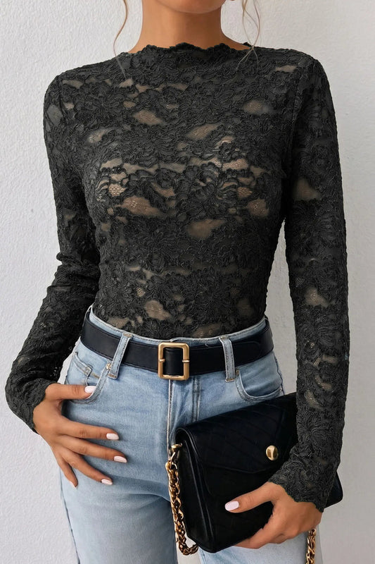 Elegant Stand Neck Lace Long Sleeve Top – Black