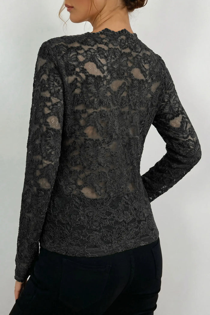 Elegant Stand Neck Lace Long Sleeve Top – Black