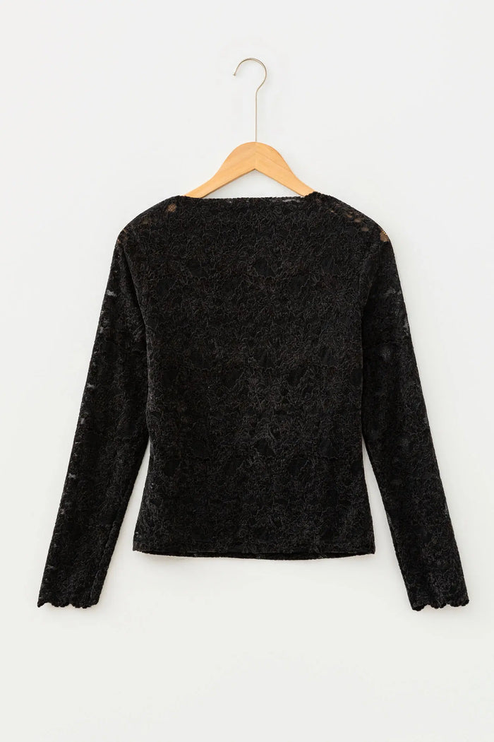 Elegant Stand Neck Lace Long Sleeve Top – Black