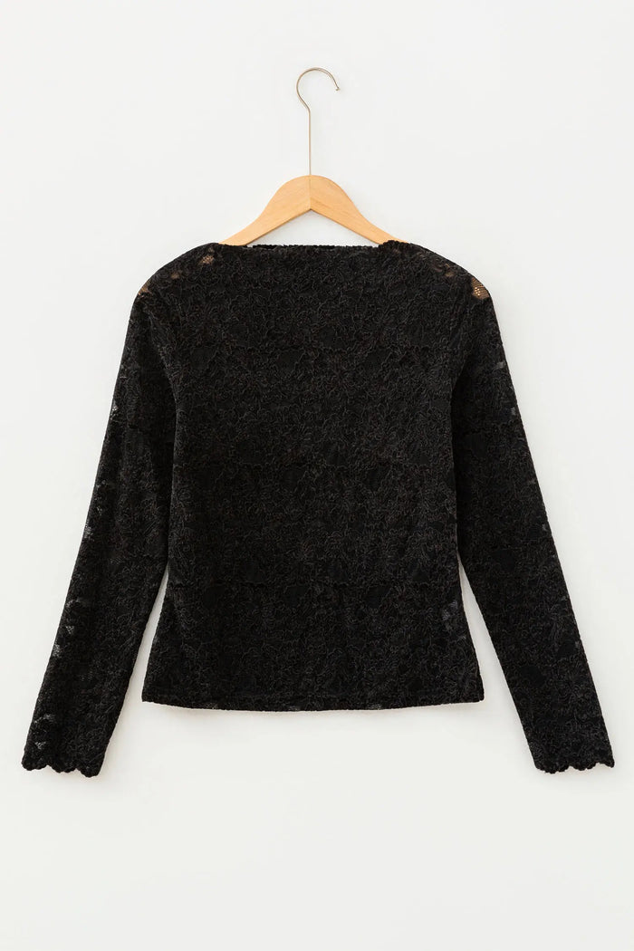 Elegant Stand Neck Lace Long Sleeve Top – Black