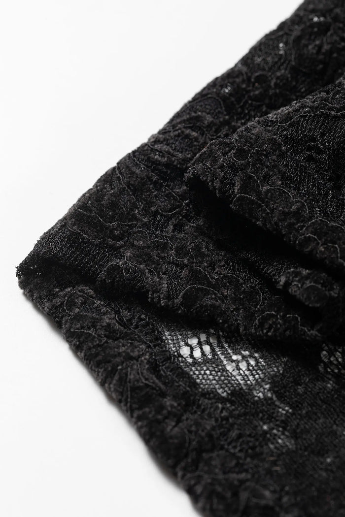 Elegant Stand Neck Lace Long Sleeve Top – Black