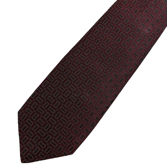 Ermenegildo Zegna burgundy silk tie with geometric print design and logo detail.
