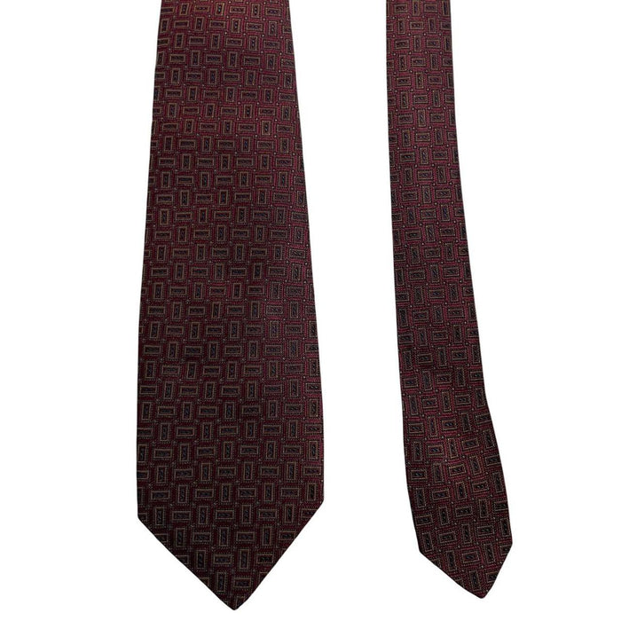 Ermenegildo Zegna burgundy silk tie with geometric print design and logo detail.