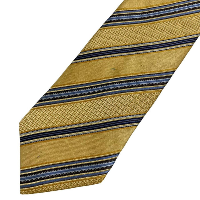 Ermenegildo Zegna yellow silk tie with diagonal stripes and subtle sheen.