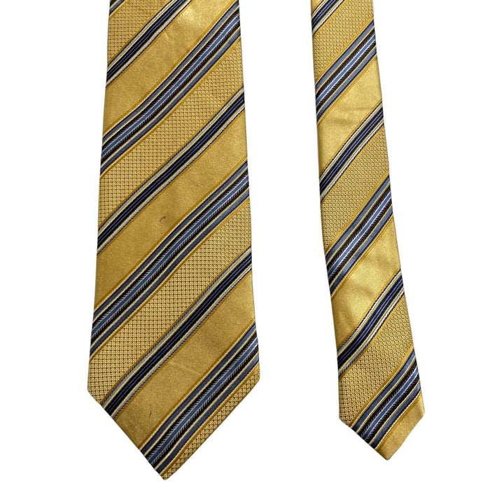 Ermenegildo Zegna yellow silk tie with diagonal stripes and subtle sheen.