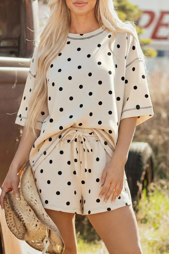 Exposed Seam Detail Polka Dot Loose Tee Drawstring Shorts Set – White