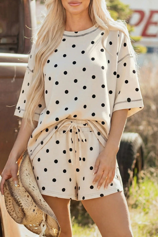 Exposed Seam Detail Polka Dot Loose Tee Drawstring Shorts Set – White