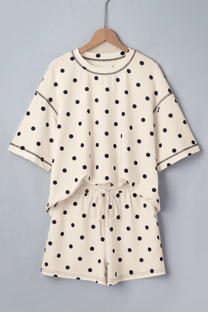 Exposed Seam Detail Polka Dot Loose Tee Drawstring Shorts Set – White