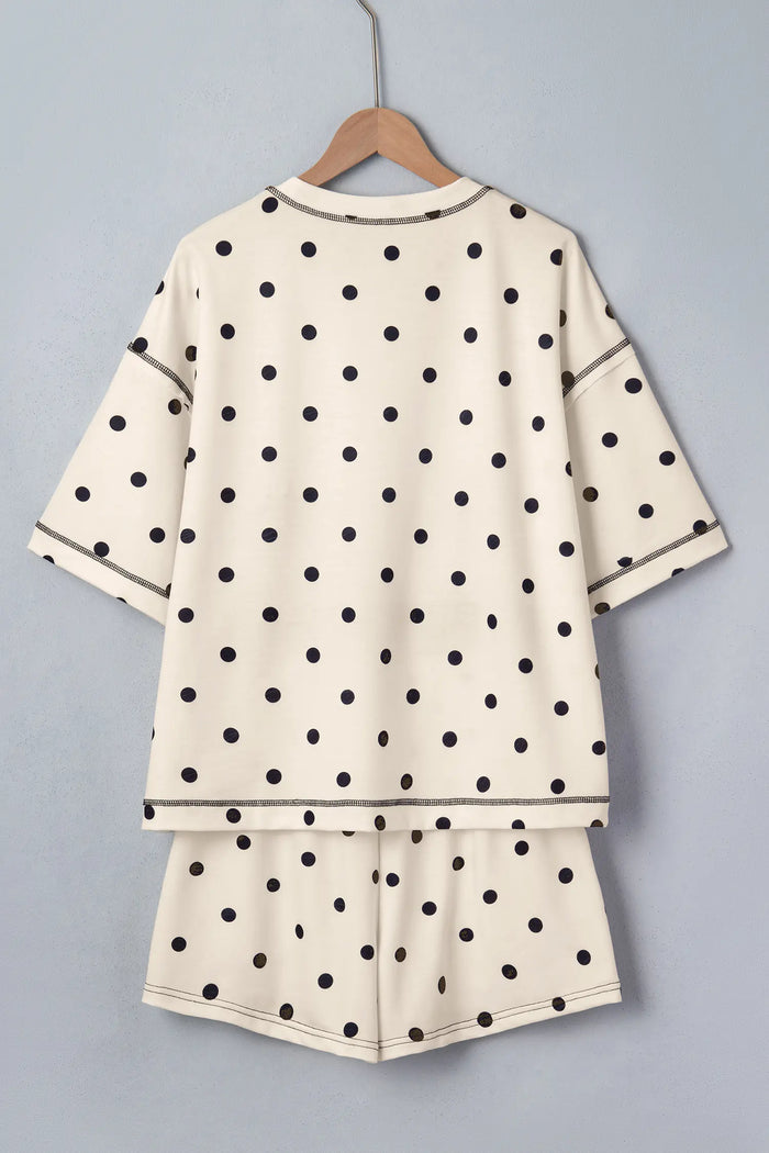Exposed Seam Detail Polka Dot Loose Tee Drawstring Shorts Set – White