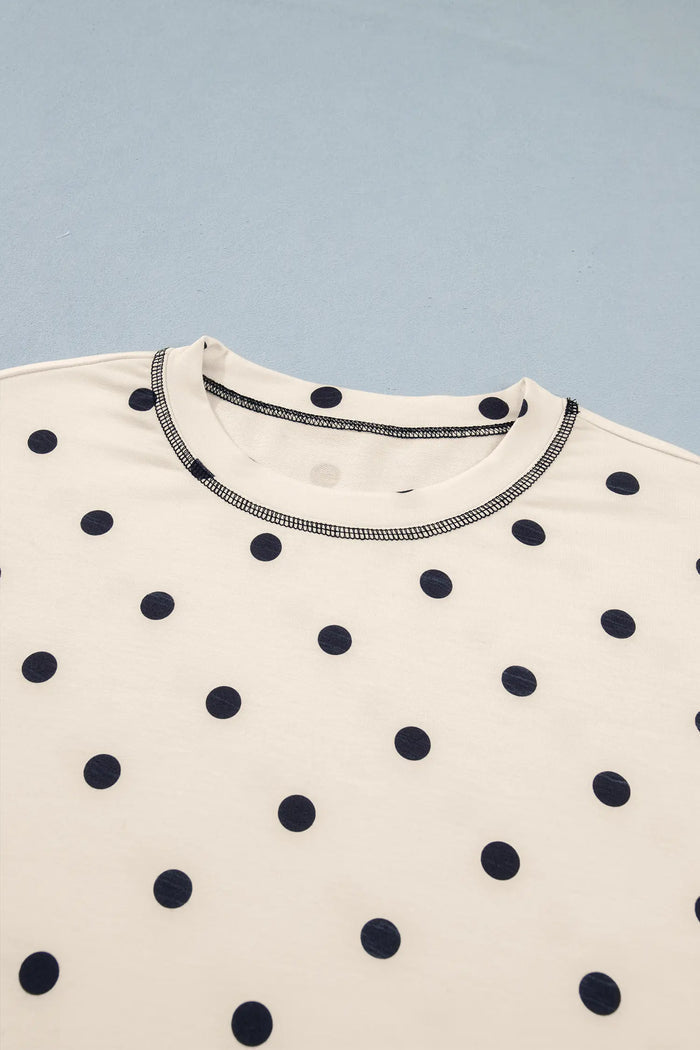 Exposed Seam Detail Polka Dot Loose Tee Drawstring Shorts Set – White