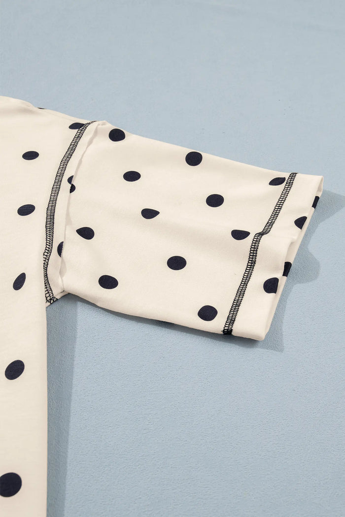 Exposed Seam Detail Polka Dot Loose Tee Drawstring Shorts Set – White
