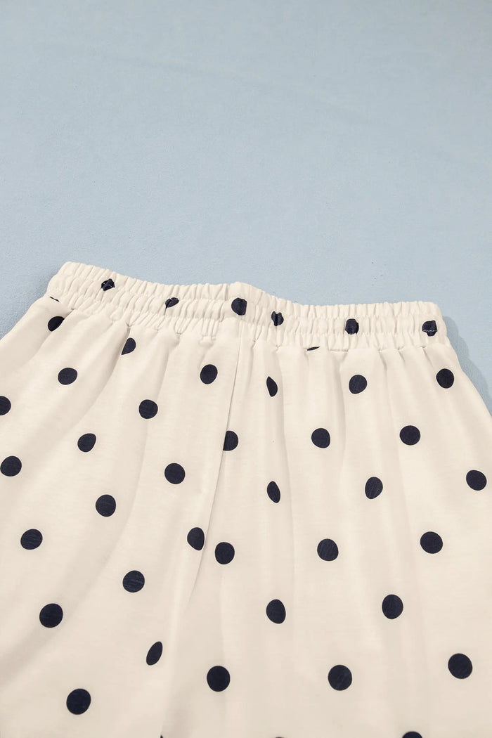 Exposed Seam Detail Polka Dot Loose Tee Drawstring Shorts Set – White