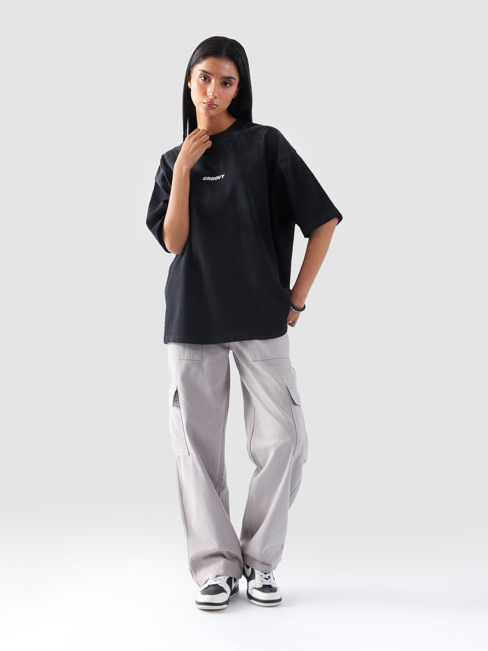 Fade washed blank tee female model back view drop shoulder Pakistan – GROOVY