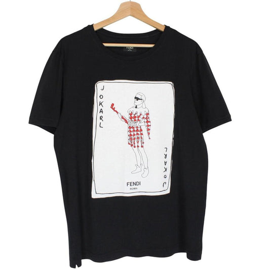 Fendi black and white cotton t-shirt featuring Jokarl print and pocket detail.