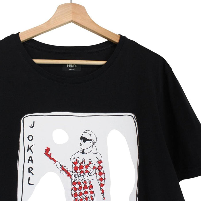 Fendi black and white cotton t-shirt featuring Jokarl print and pocket detail.