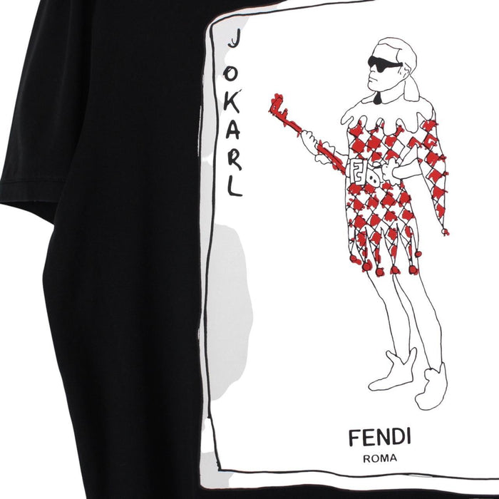 Fendi black and white cotton t-shirt featuring Jokarl print and pocket detail.