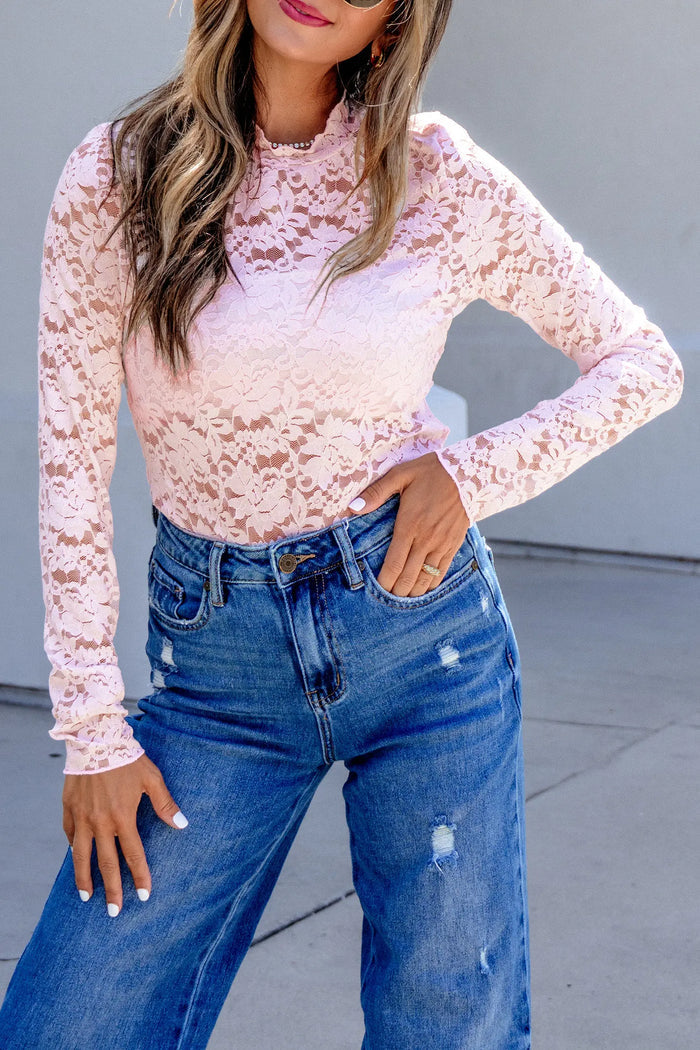 Floral Lace Long Sleeve Stand Neck Pullover Top – Light Pink