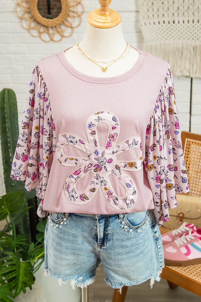 Floral Patchwork Flowy Half Sleeve Blouse – Pink