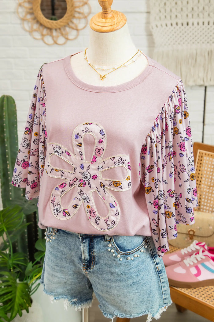 Floral Patchwork Flowy Half Sleeve Blouse – Pink