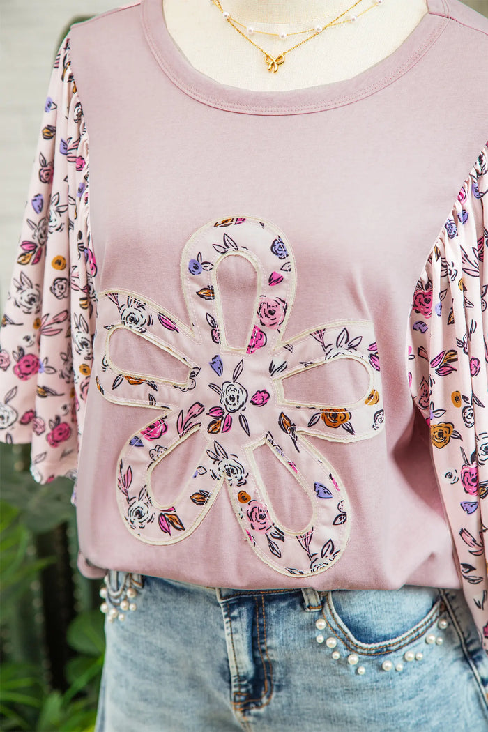 Floral Patchwork Flowy Half Sleeve Blouse – Pink
