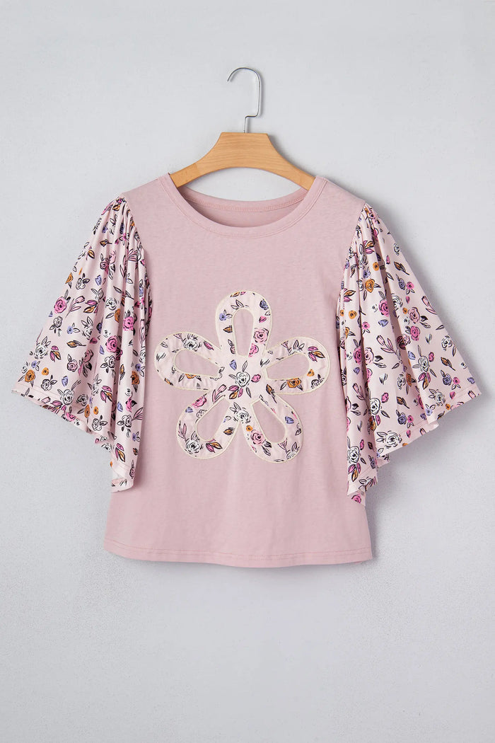 Floral Patchwork Flowy Half Sleeve Blouse – Pink