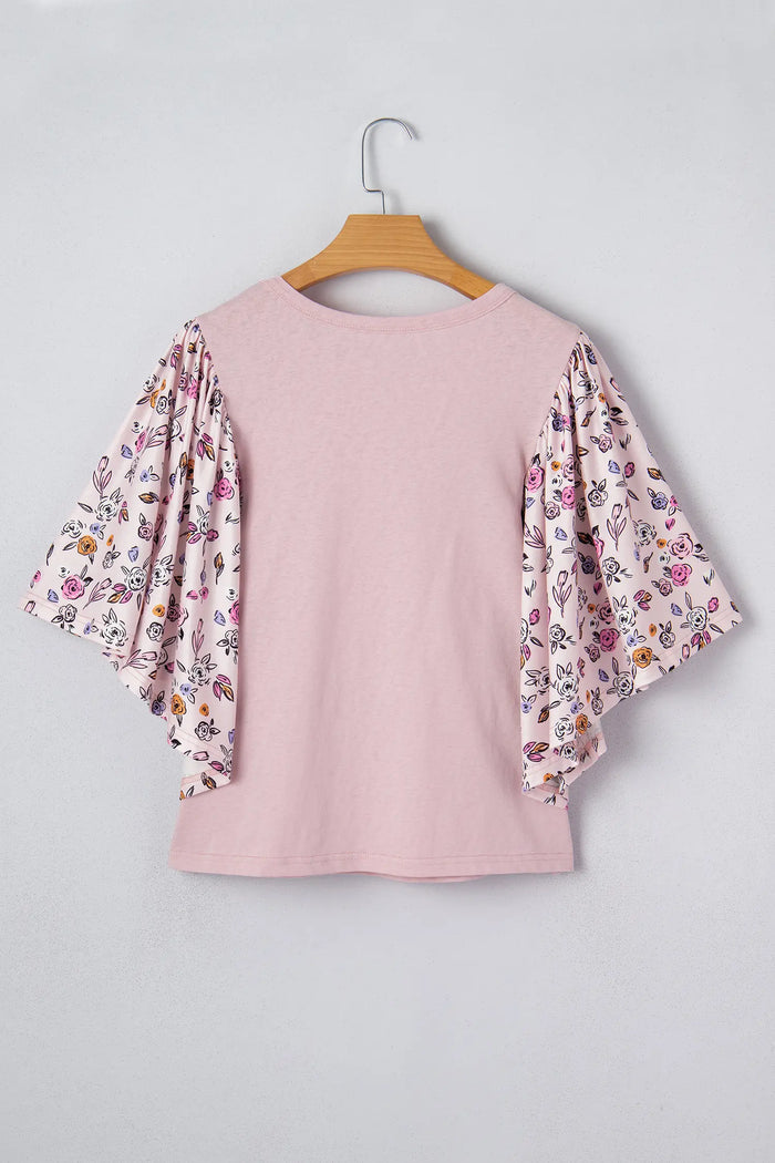 Floral Patchwork Flowy Half Sleeve Blouse – Pink
