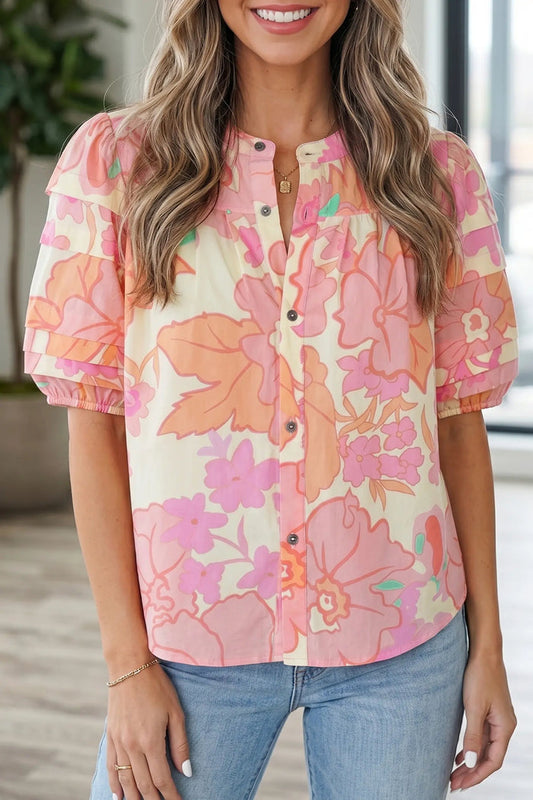 Floral Print Button Down Pintuck Short Sleeve Shirt – Pink
