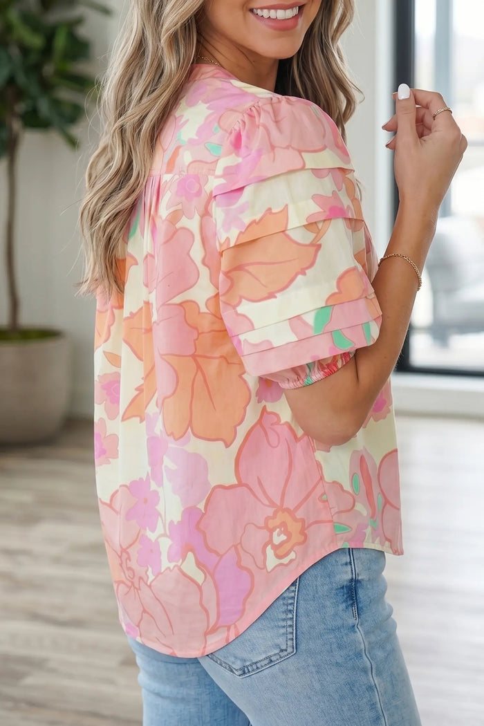 Floral Print Button Down Pintuck Short Sleeve Shirt – Pink
