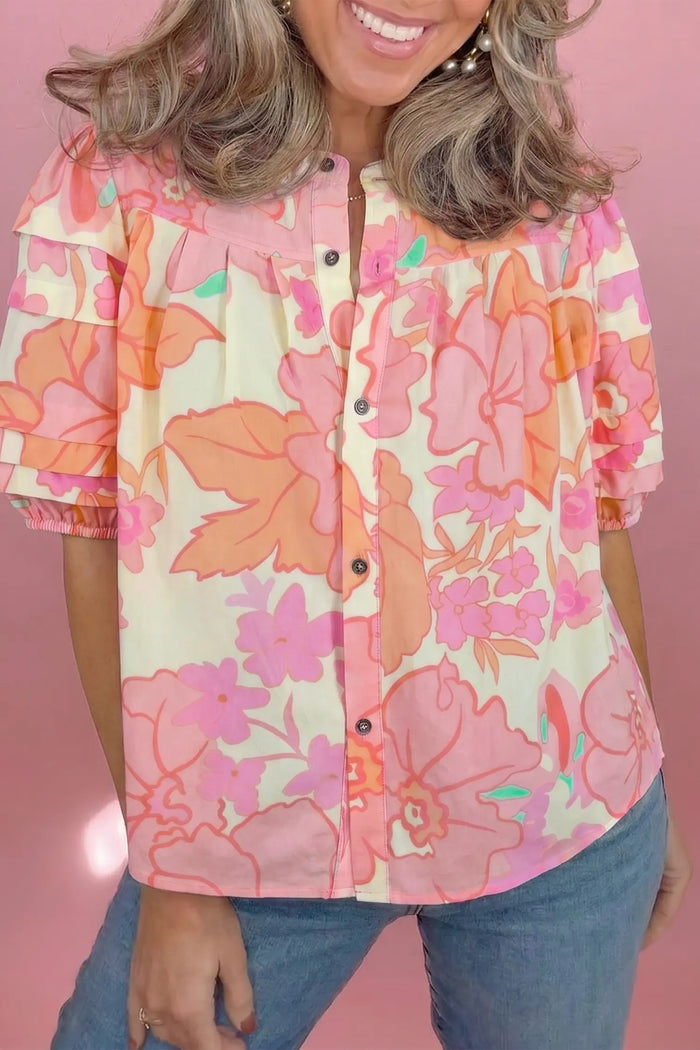Floral Print Button Down Pintuck Short Sleeve Shirt – Pink