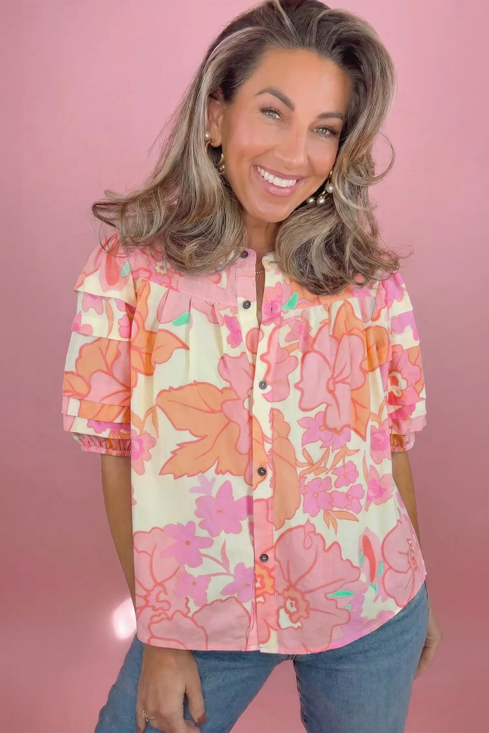 Floral Print Button Down Pintuck Short Sleeve Shirt – Pink