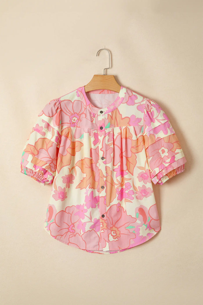 Floral Print Button Down Pintuck Short Sleeve Shirt – Pink