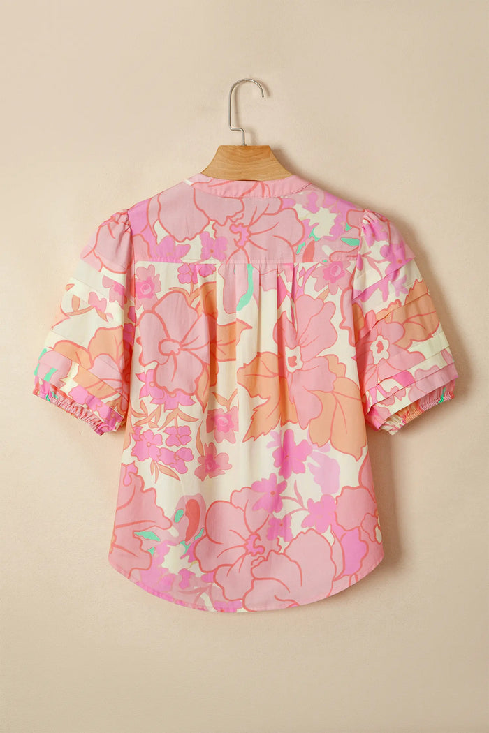 Floral Print Button Down Pintuck Short Sleeve Shirt – Pink