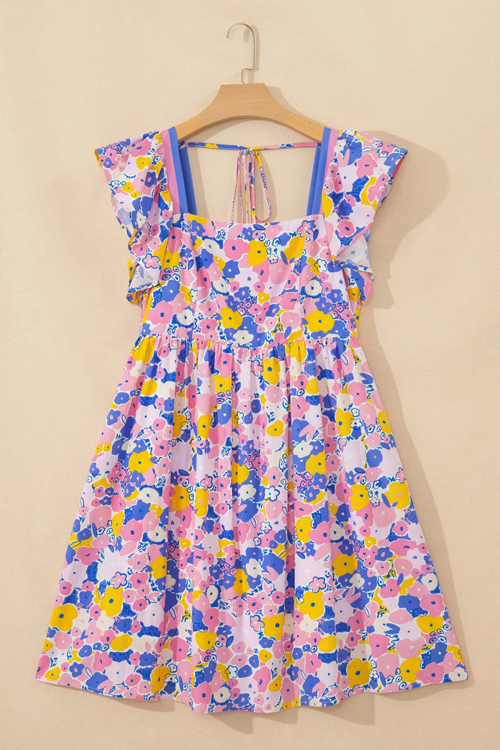 Floral Print Flutter Sleeve Striped Trim Square Neck Loose Mini Dress – Multicolour