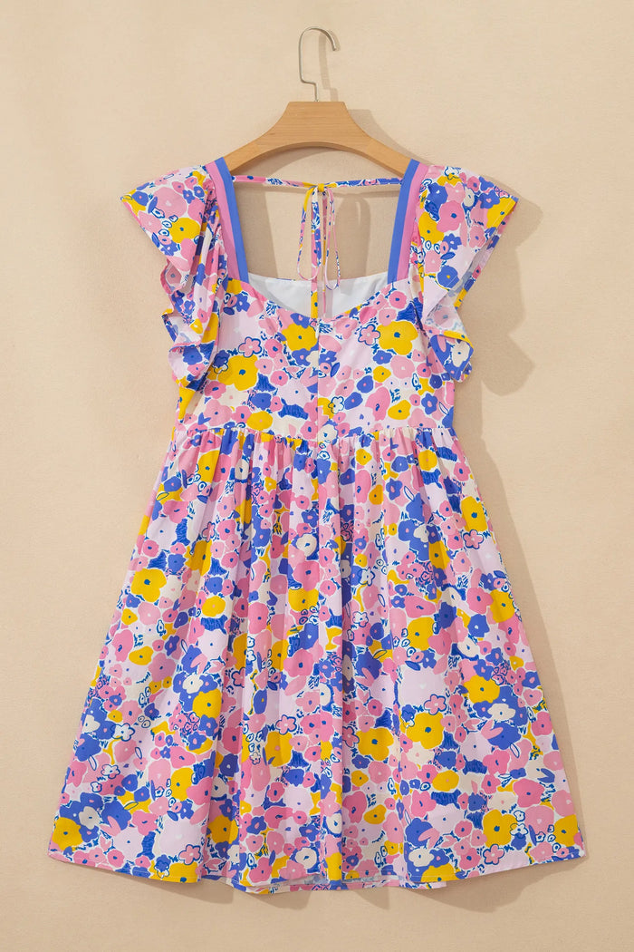 Floral Print Flutter Sleeve Striped Trim Square Neck Loose Mini Dress – Multicolour