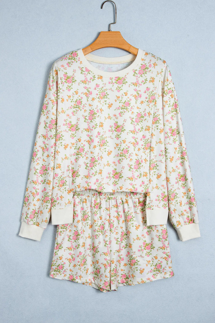 Floral Print Long Sleeve Shift Top Pocketed Shorts 2pcs Set – Beige