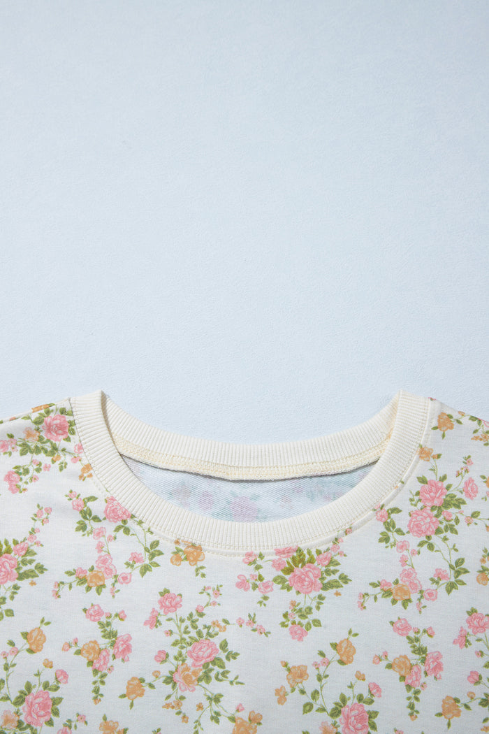 Floral Print Long Sleeve Shift Top Pocketed Shorts 2pcs Set – Beige