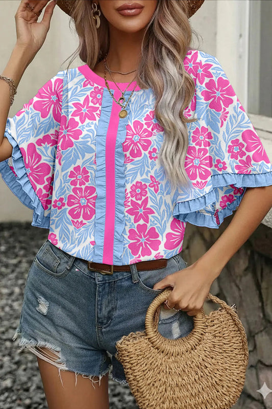 Floral Print Ruffled Color Block Trim Half Sleeve Blouse – Rose