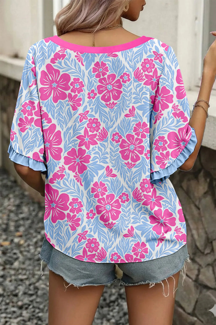 Floral Print Ruffled Color Block Trim Half Sleeve Blouse – Rose