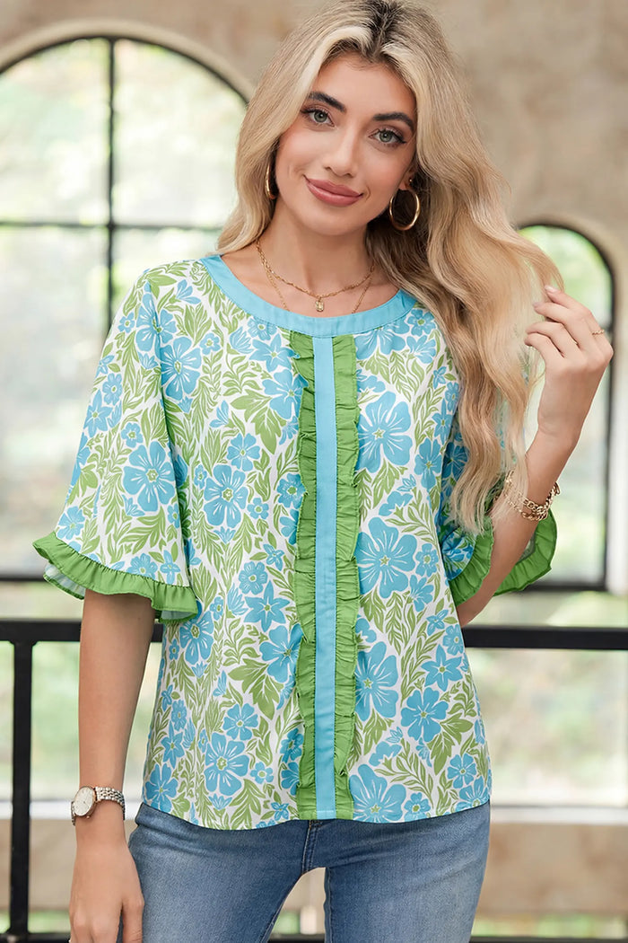 Floral Print Ruffled Color Block Trim Half Sleeve Blouse – Rose